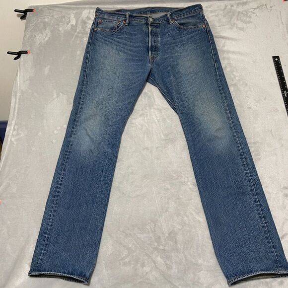 Levis 501XX Jeans Mens 36x34 (39x34) Blue Denim Button Fly 5 Pocket Distressed - Picture 1 of 14